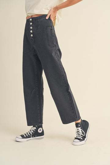 Washed Black Button Baggy Pants