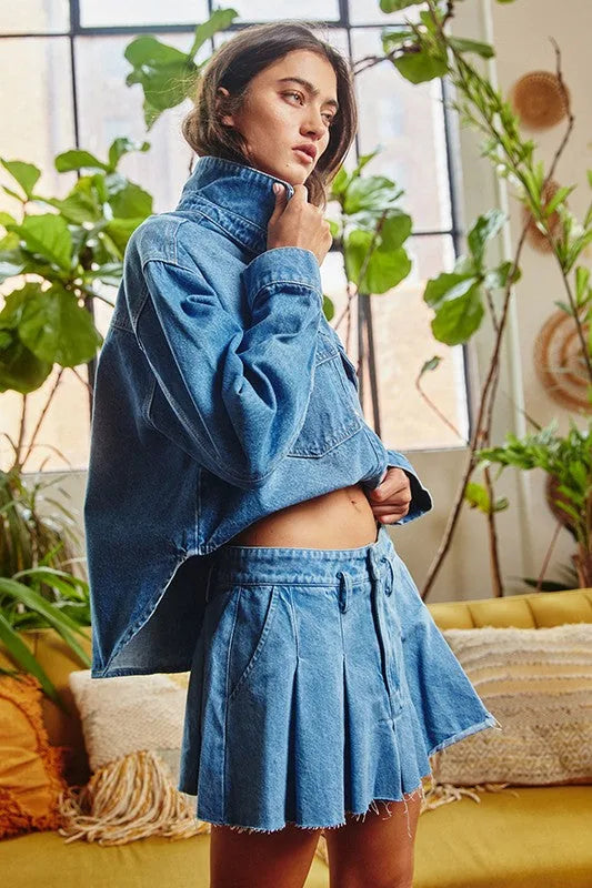 Pleated Denim Mini Skirt - Blue | Evercado