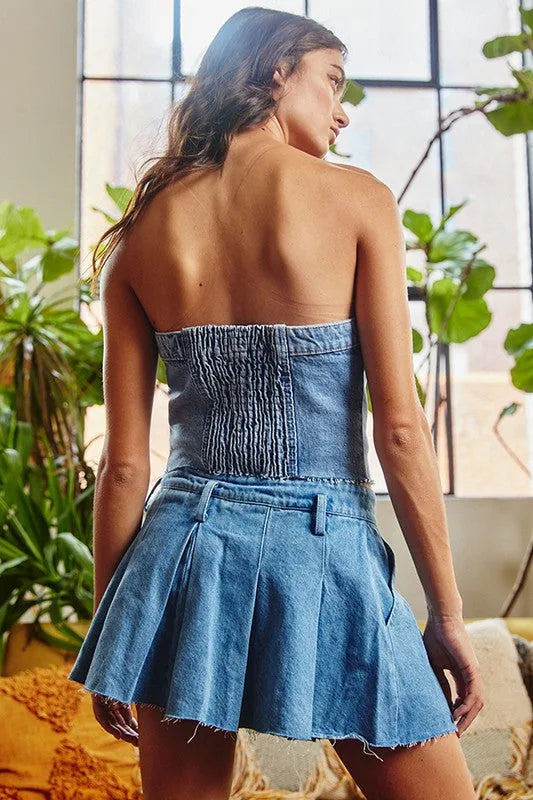 denim mini skirt dress Pleated Denim Mini Skirt - Blue