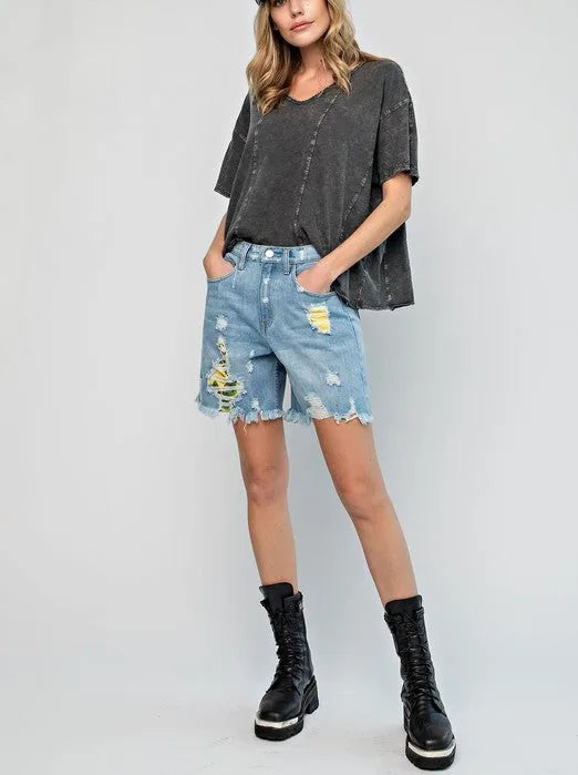 Tropical Destroyed Denim Shorts