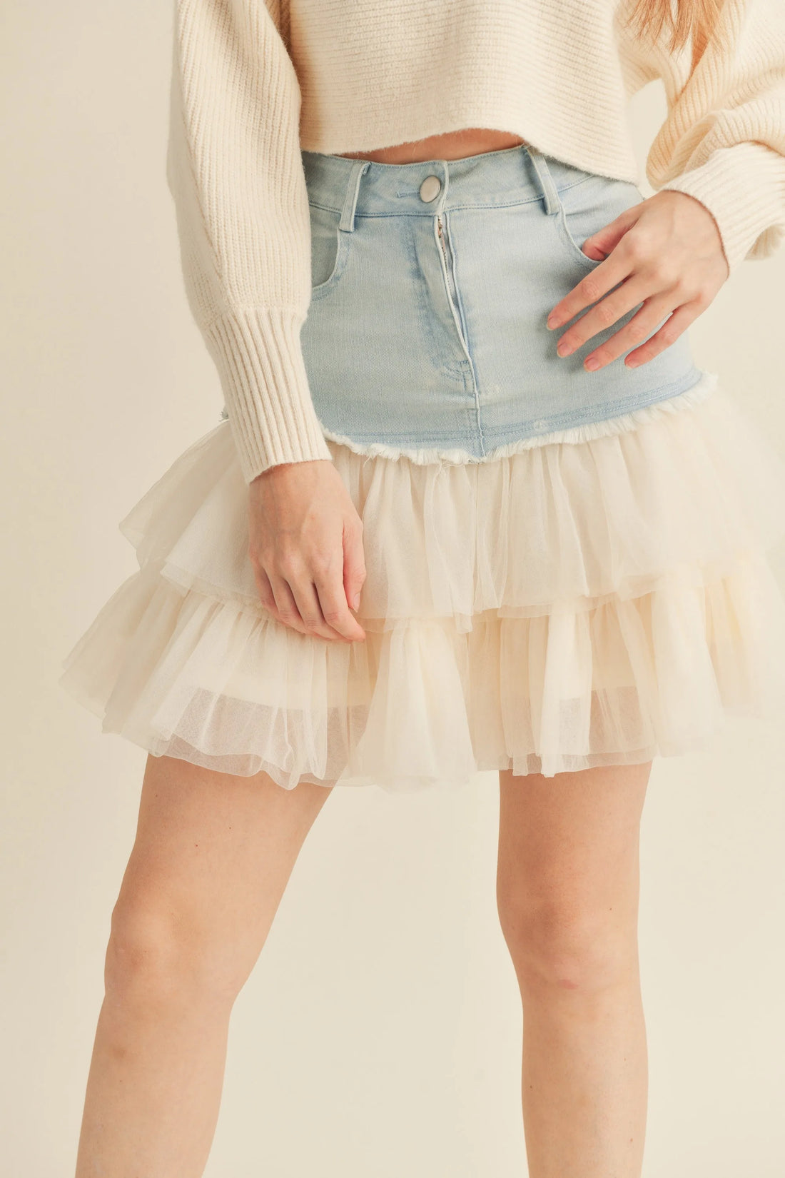 Denim Mini Skirt with Tulle