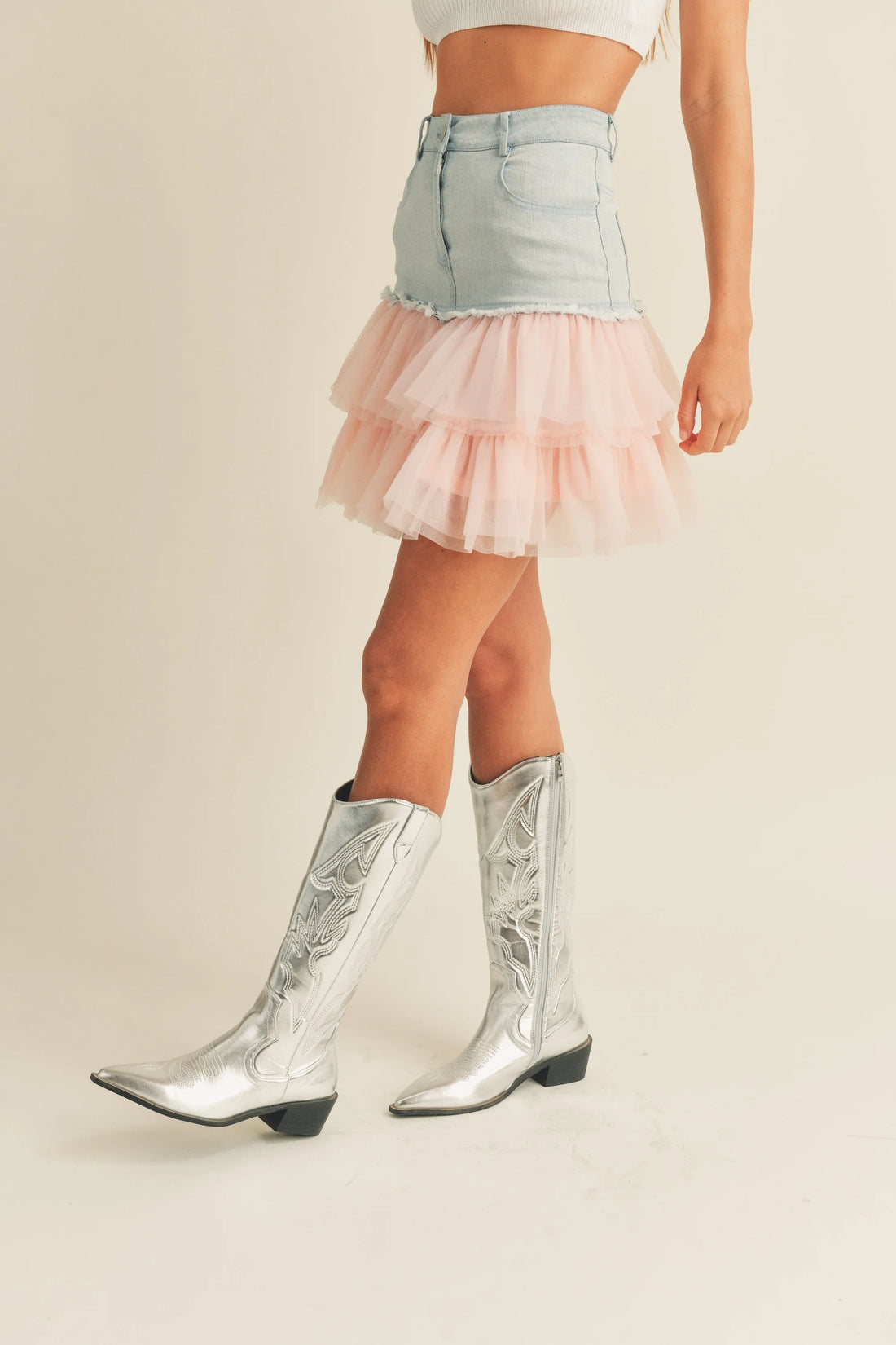 Denim Mini Skirt with Tulle
