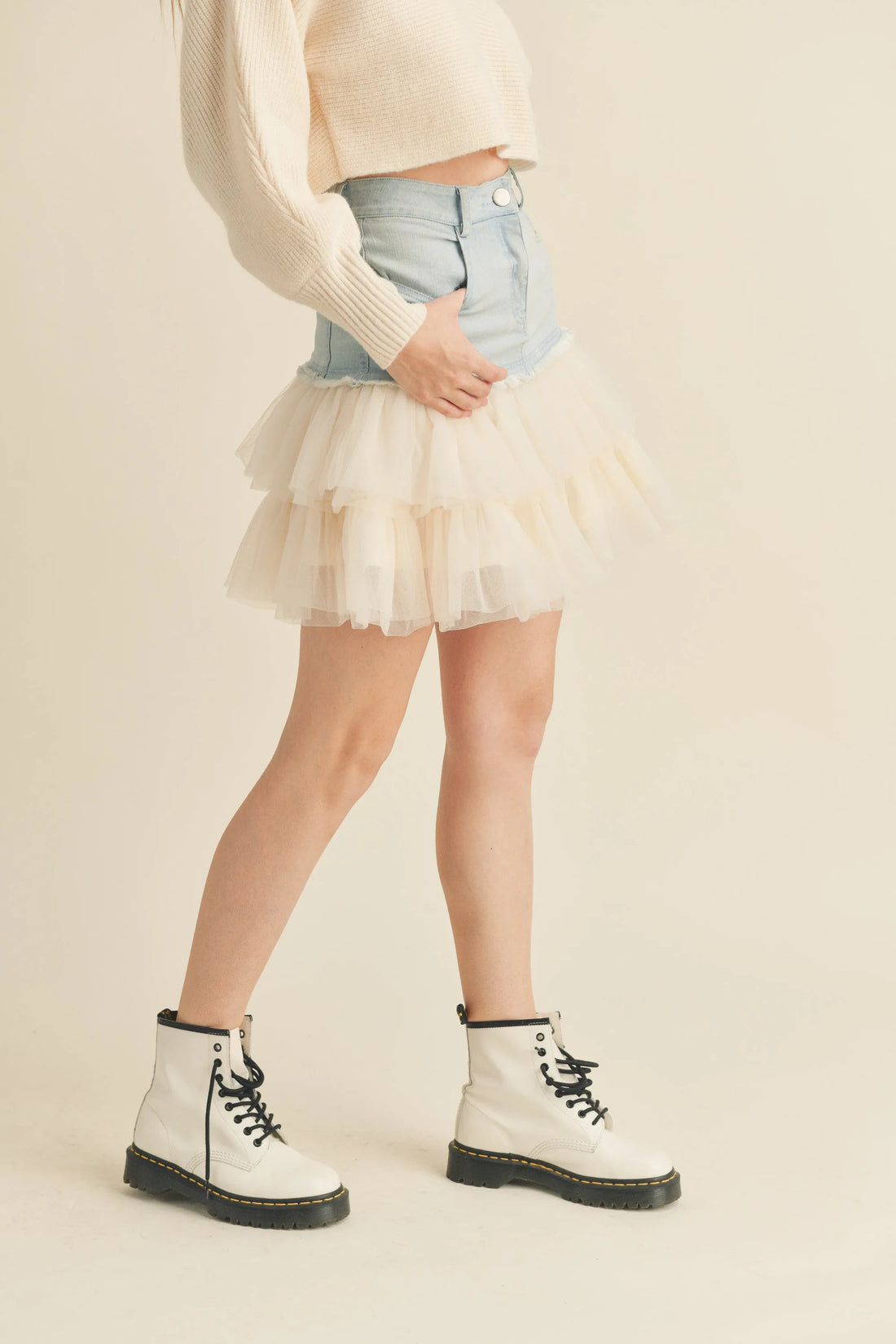 Denim Mini Skirt with Tulle