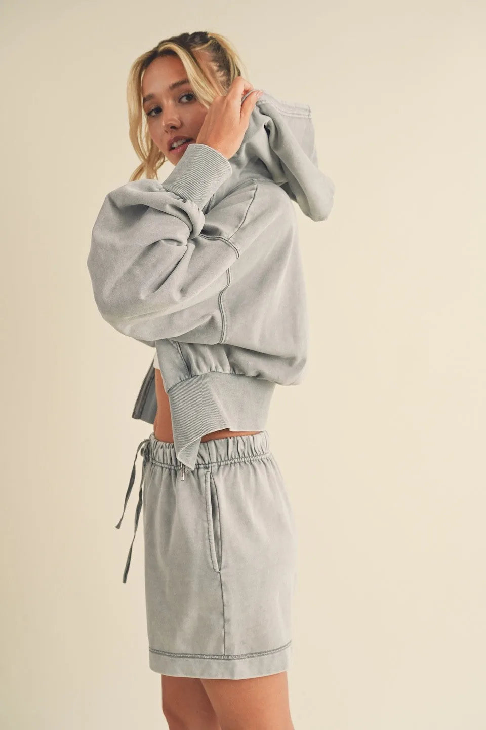 Mineral Washed Zip Up Cropped Hoodie