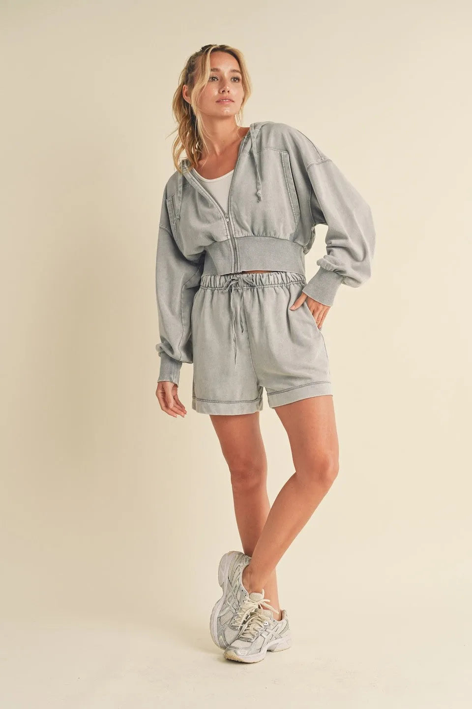 Mineral Washed Zip Up Cropped Hoodie
