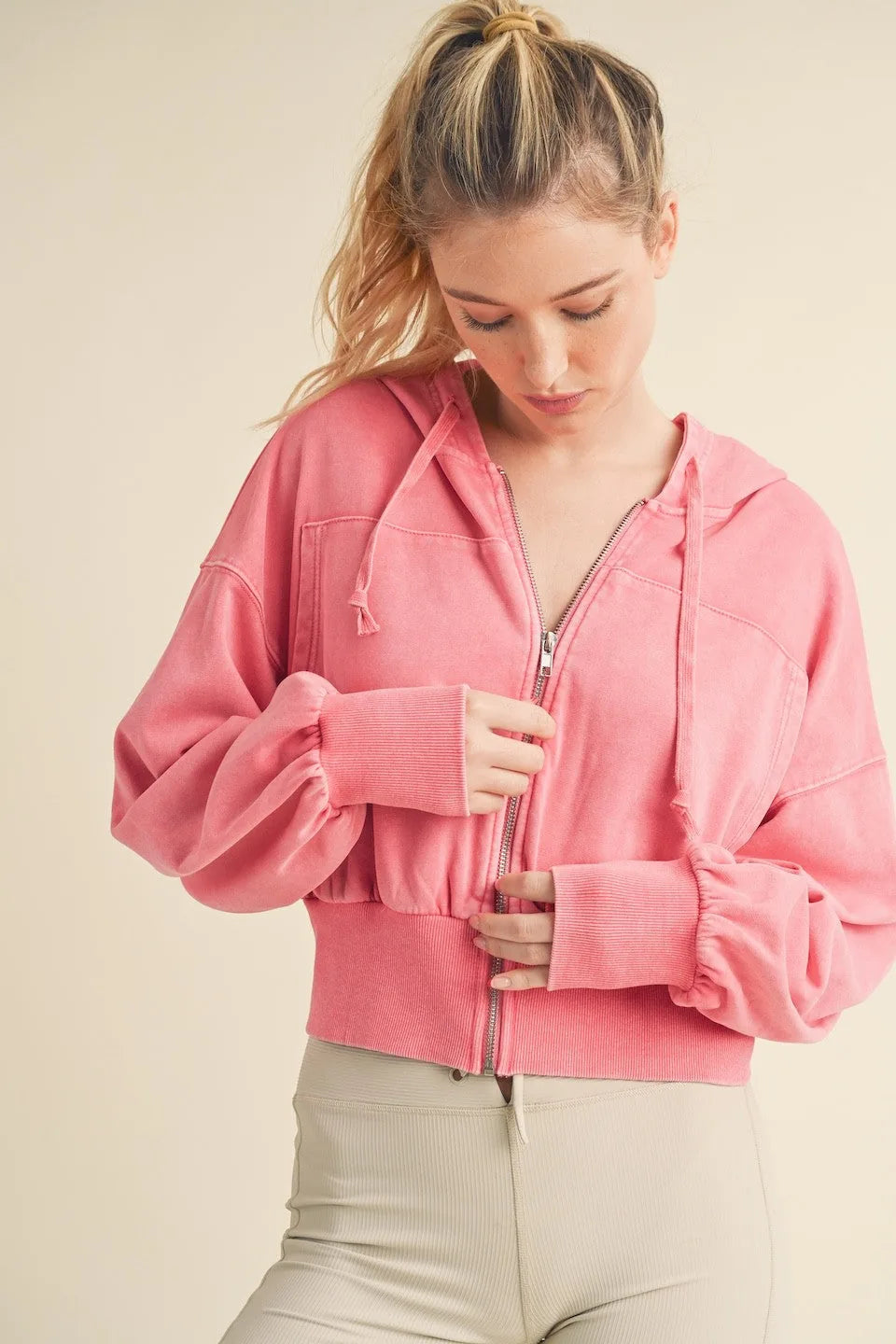 Mineral Washed Zip Up Cropped Hoodie