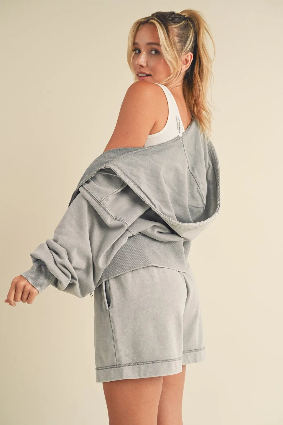 Mineral Washed Zip Up Cropped Hoodie
