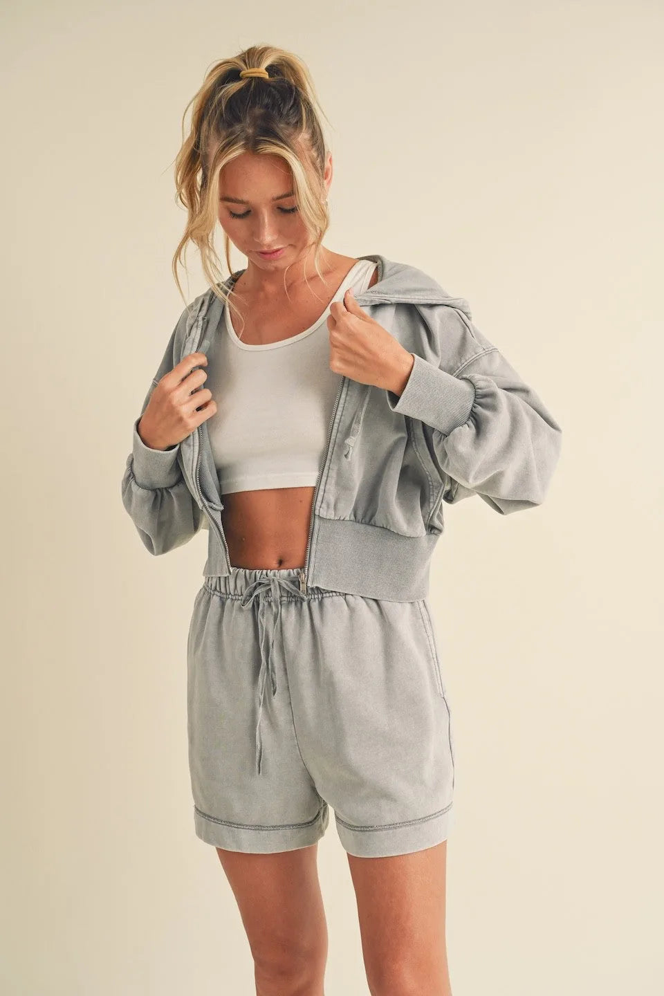 Mineral Washed Zip Up Cropped Hoodie