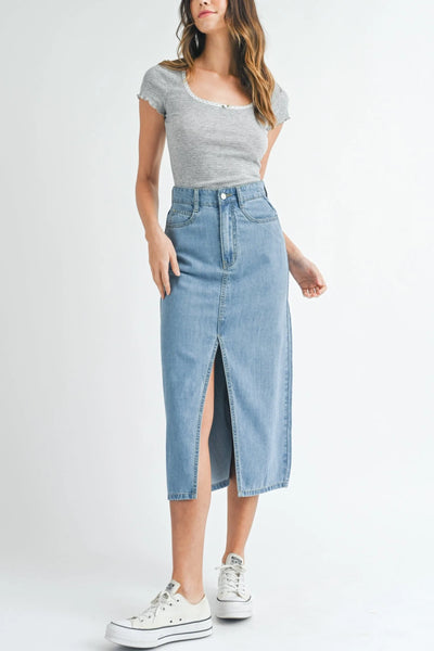 Front Slit Denim Midi Skirt