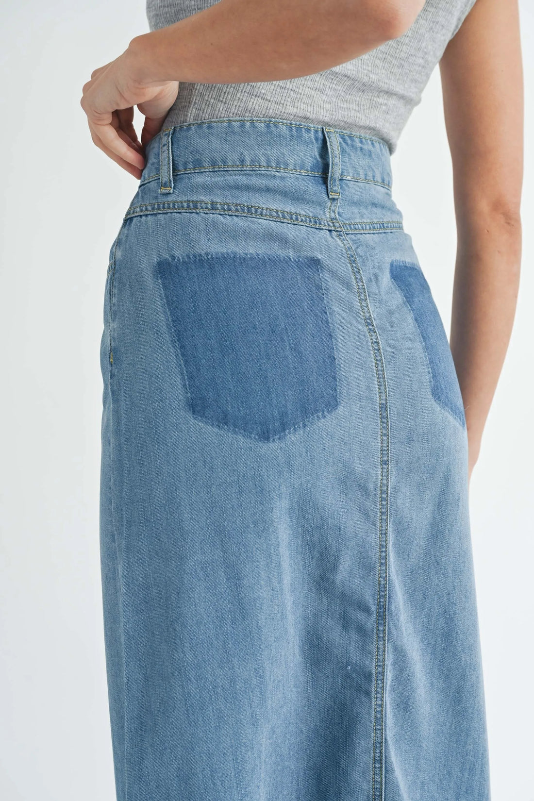 Front Slit Denim Midi Skirt