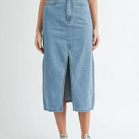 Front Slit Denim Midi Skirt