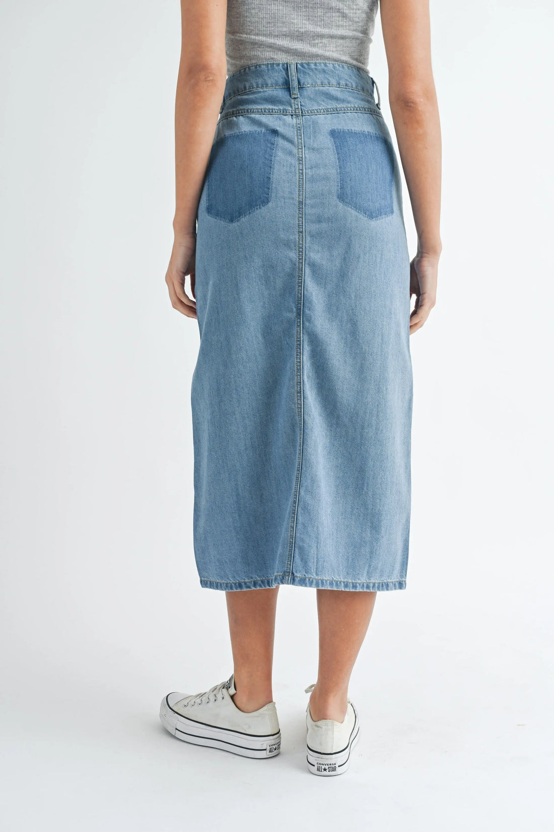 Front Slit Denim Midi Skirt