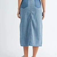 Front Slit Denim Midi Skirt