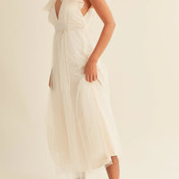 Tulle V neck Ruffle Sleeve Midi Dress