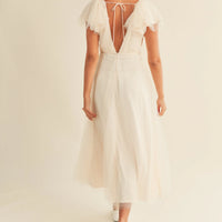 Tulle V neck Ruffle Sleeve Midi Dress