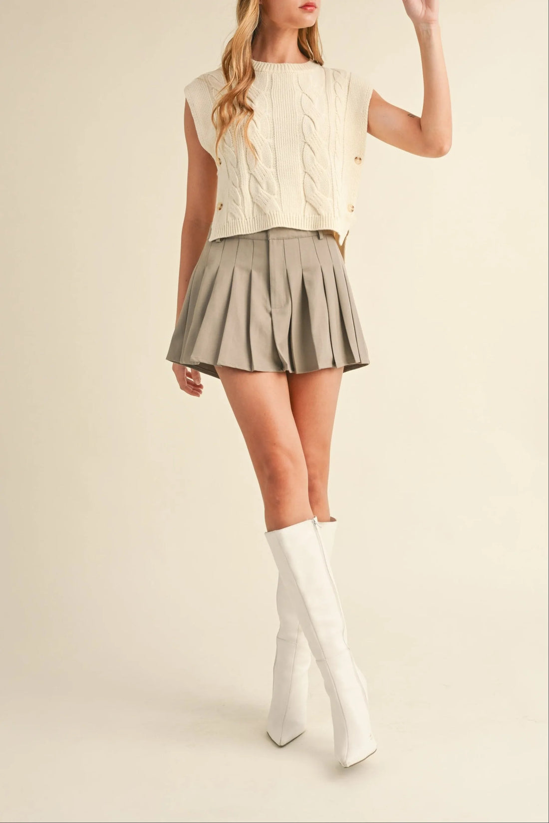 Contrast Waist band Pleated Mini Skirt