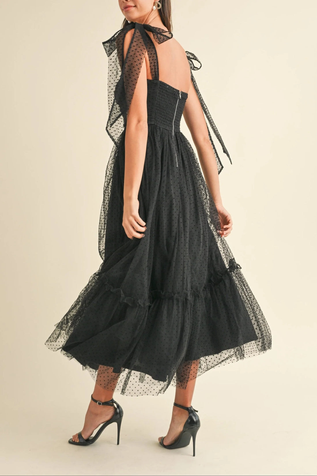 Polka Dot Mesh Tie Shoulder Midi Dress