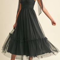 Polka Dot Mesh Tie Shoulder Midi Dress