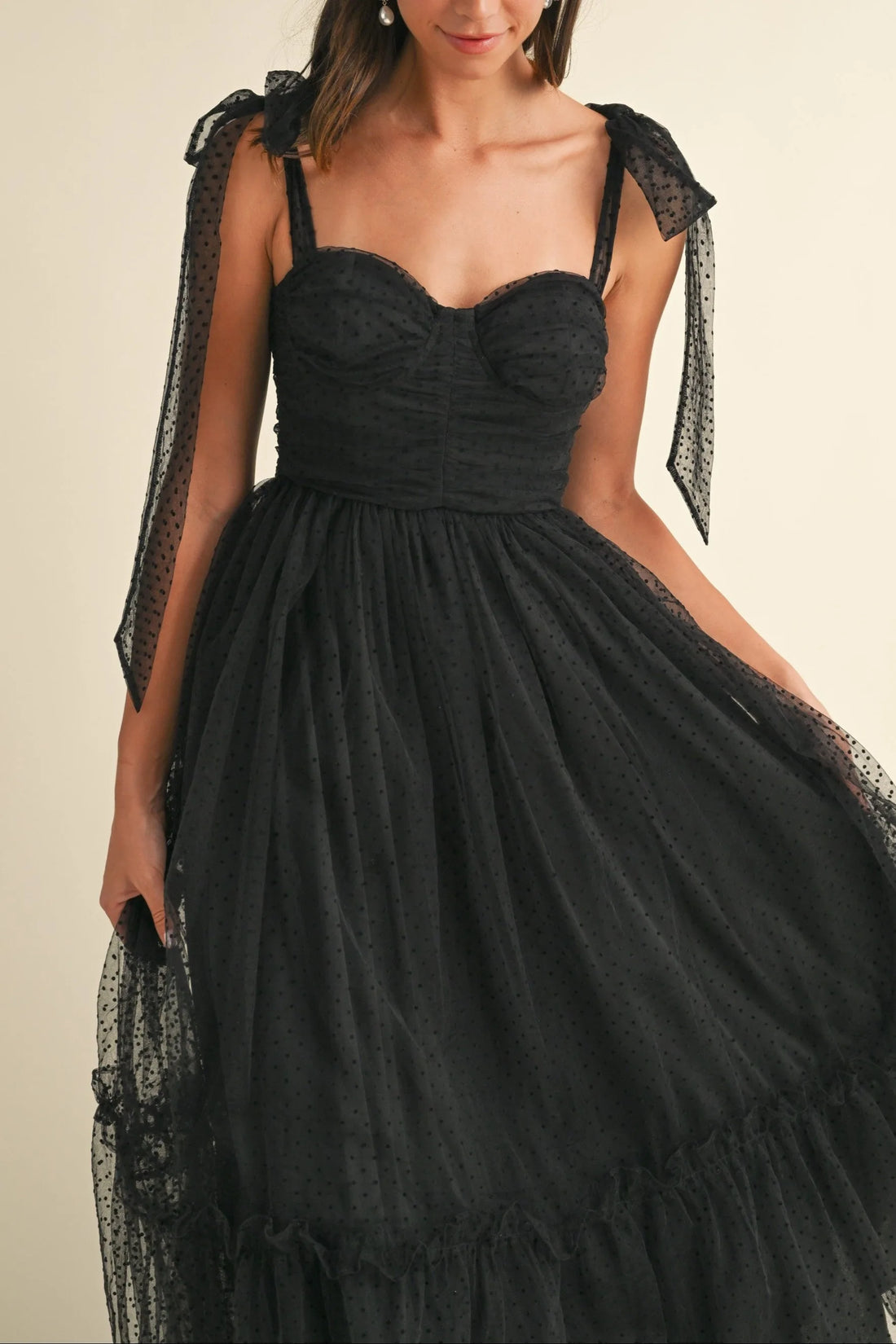 Polka Dot Mesh Tie Shoulder Midi Dress