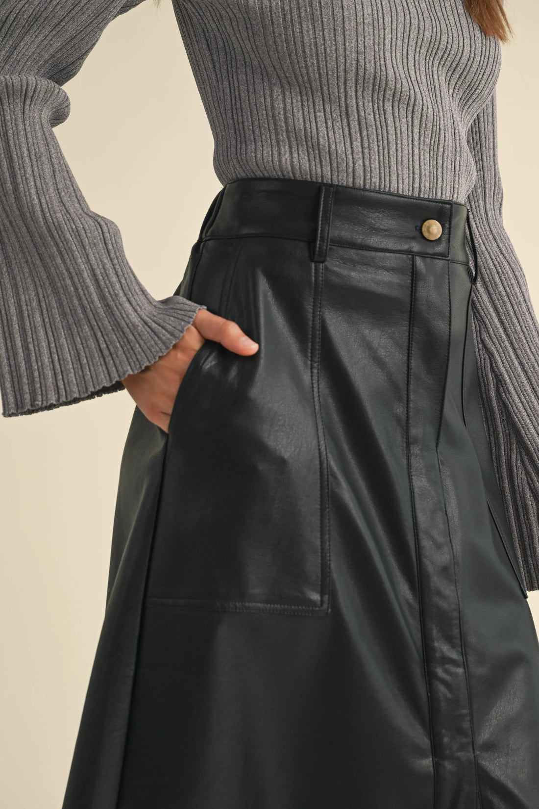 Front Slit A line Maxi Pleather Skirt