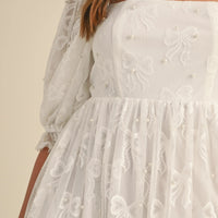 Jacquard Bow & Pearl Detail Mesh Dress