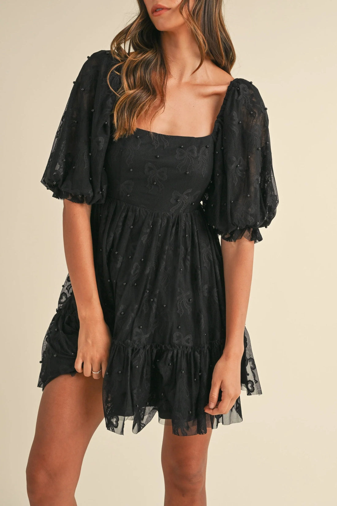 Jacquard Bow & Pearl Detail Mesh Dress