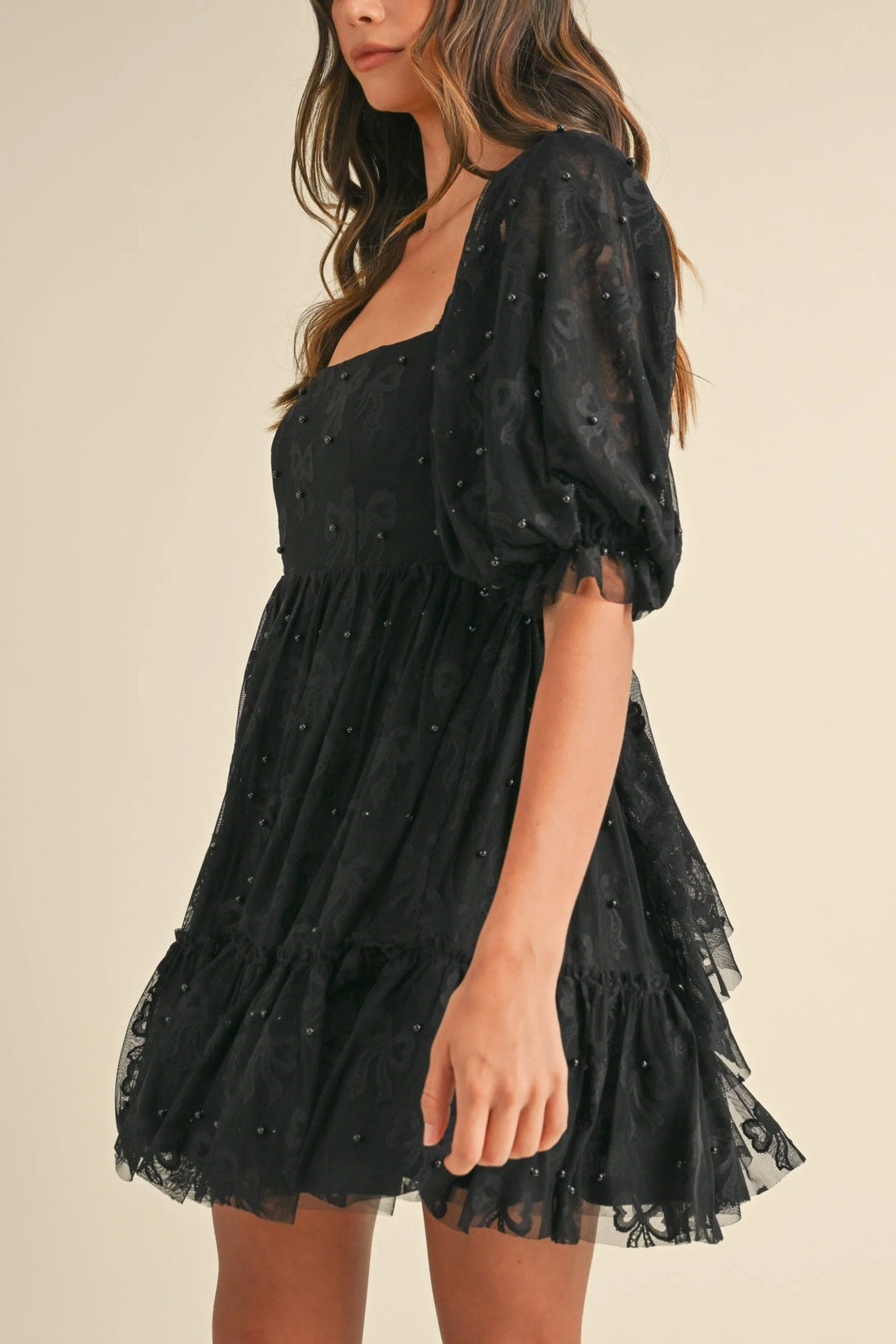 Jacquard Bow & Pearl Detail Mesh Dress