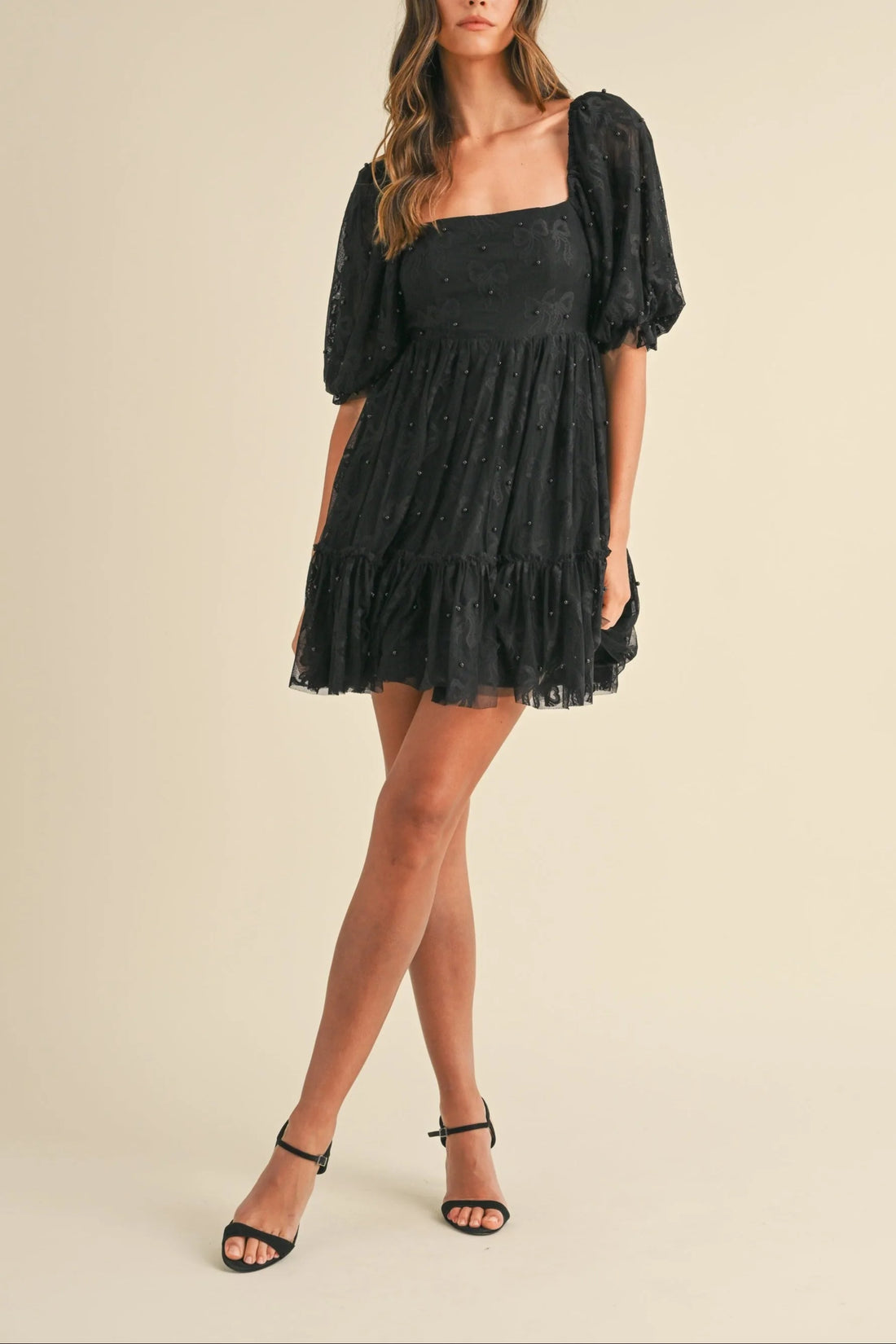 Jacquard Bow & Pearl Detail Mesh Dress