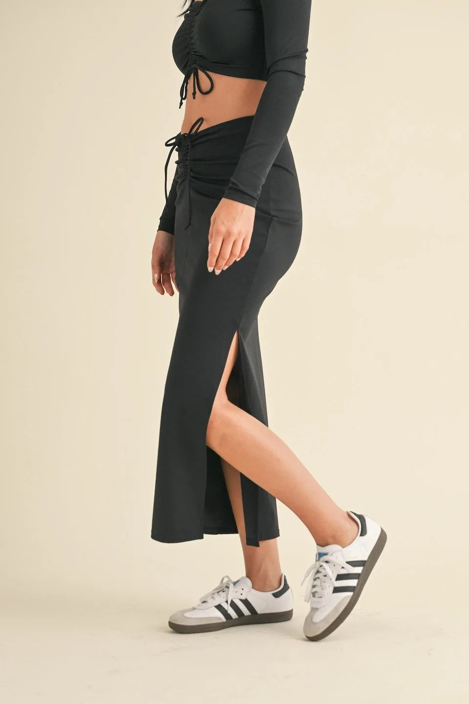 Ruched Side Slit Maxi Skirt
