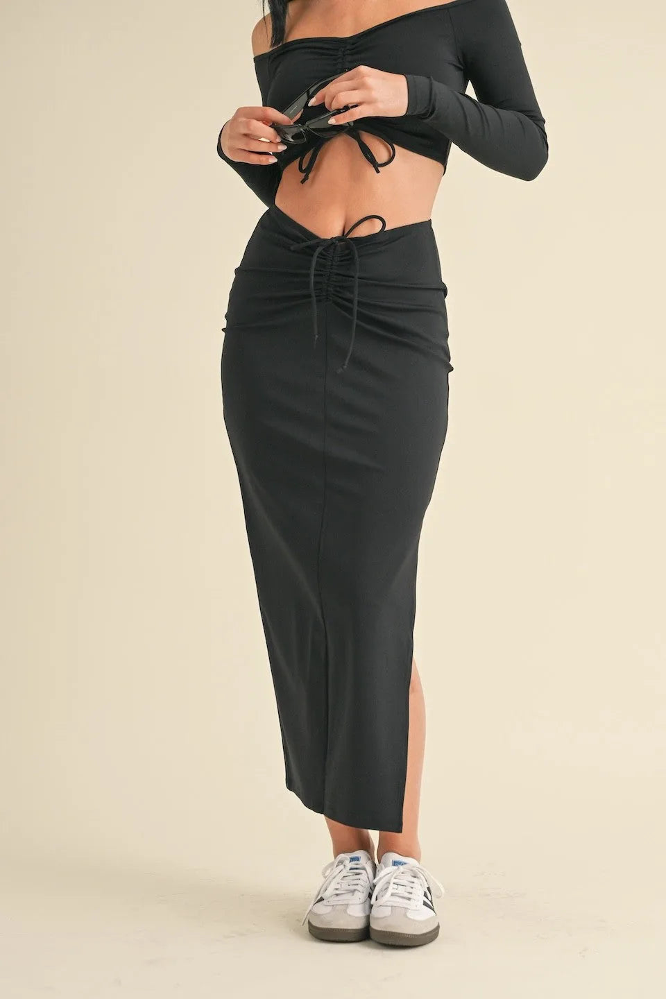 Ruched Side Slit Maxi Skirt