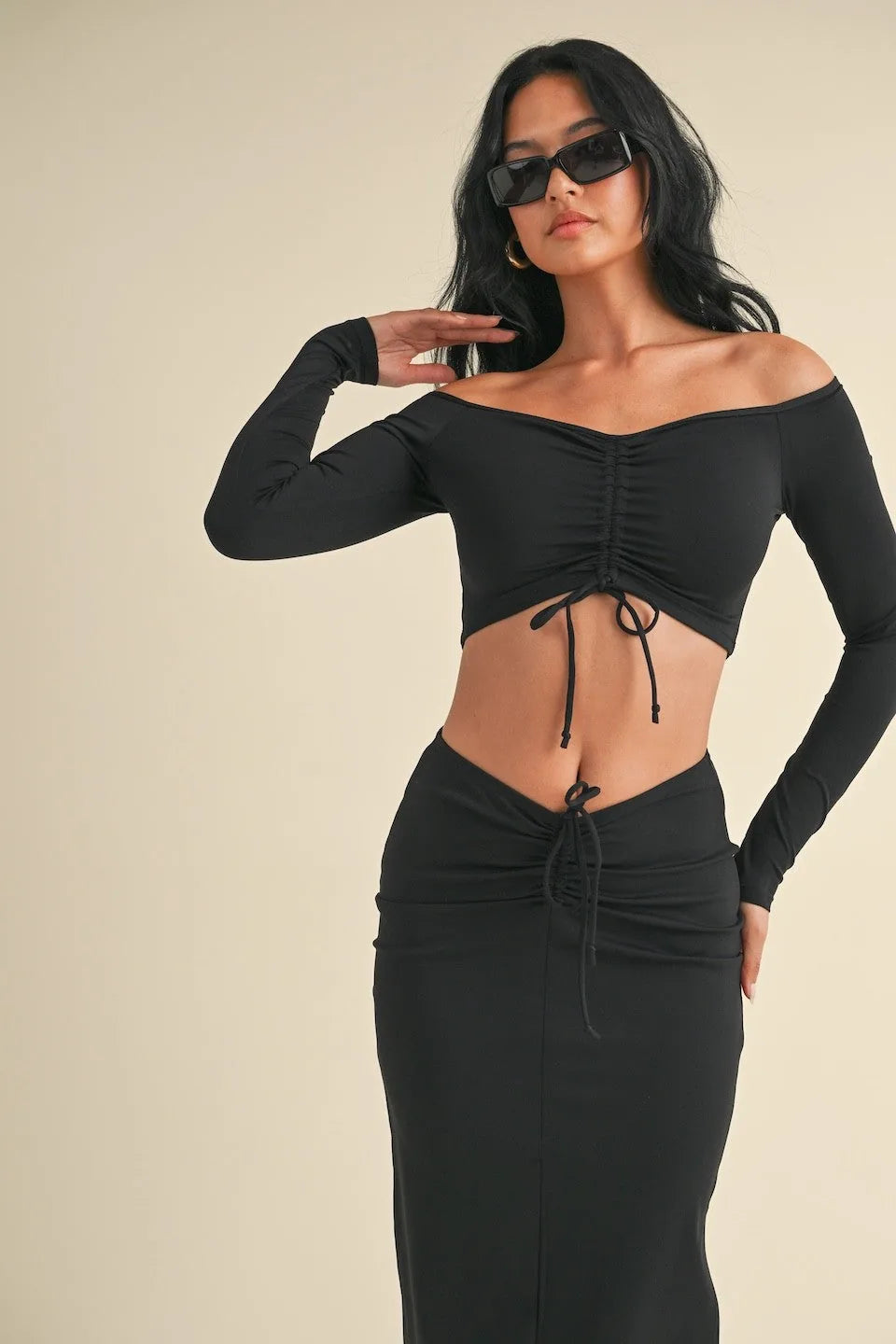 Ruched Off Shoulder Long Sleeve Crop Top