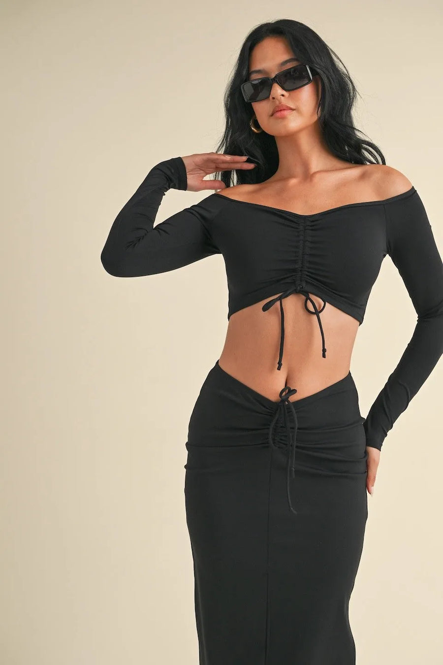 long sleeve crop top dress Ruched Off Shoulder Long Sleeve Crop Top – Trendy & Stylish