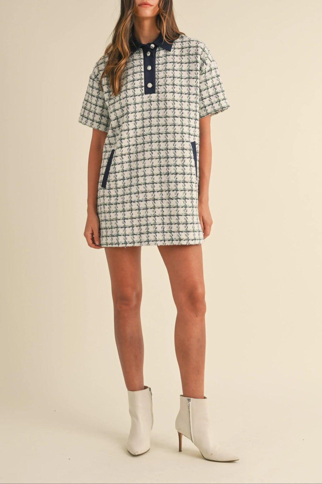 Collared Plaid Tweed Mini Dress