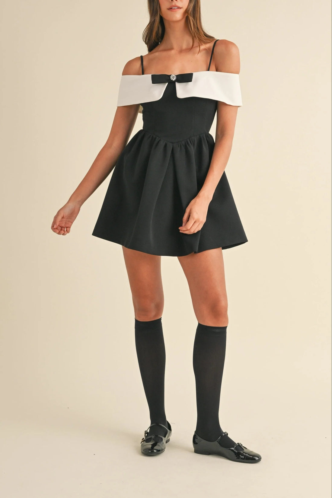 Bow Detail Off Shoulder Contrast Fit & Flare Dress