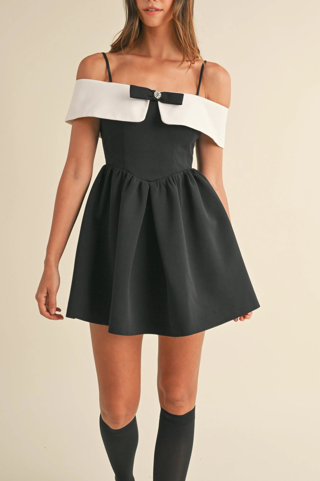 Bow Detail Off Shoulder Contrast Fit & Flare Dress