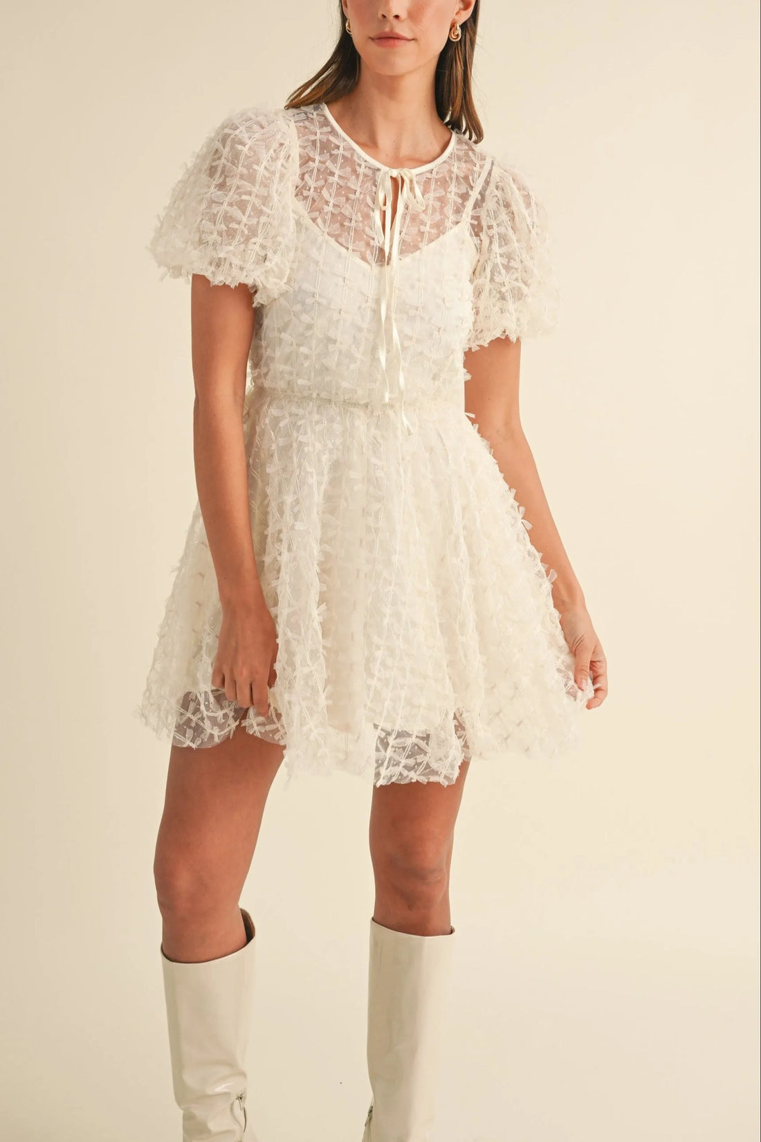 Textured Mesh Puff Sleeve Babydoll Dress