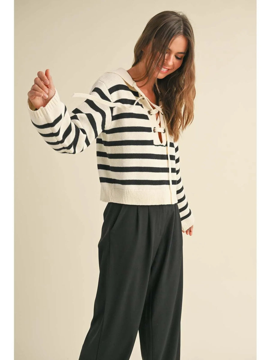 Striped Lace-Up Sailor Collar Sweater – Nautical Chic | Evercado