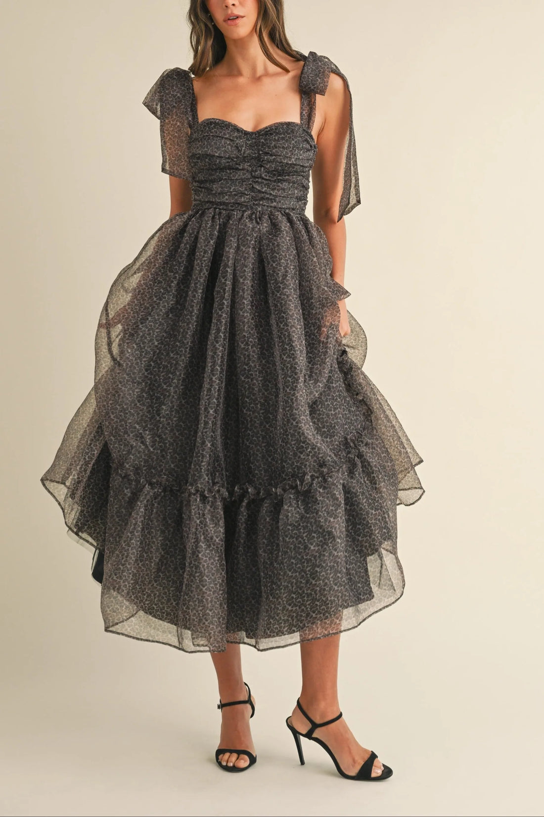 Leopard Print Tie Shoulder Organza Maxi Dress