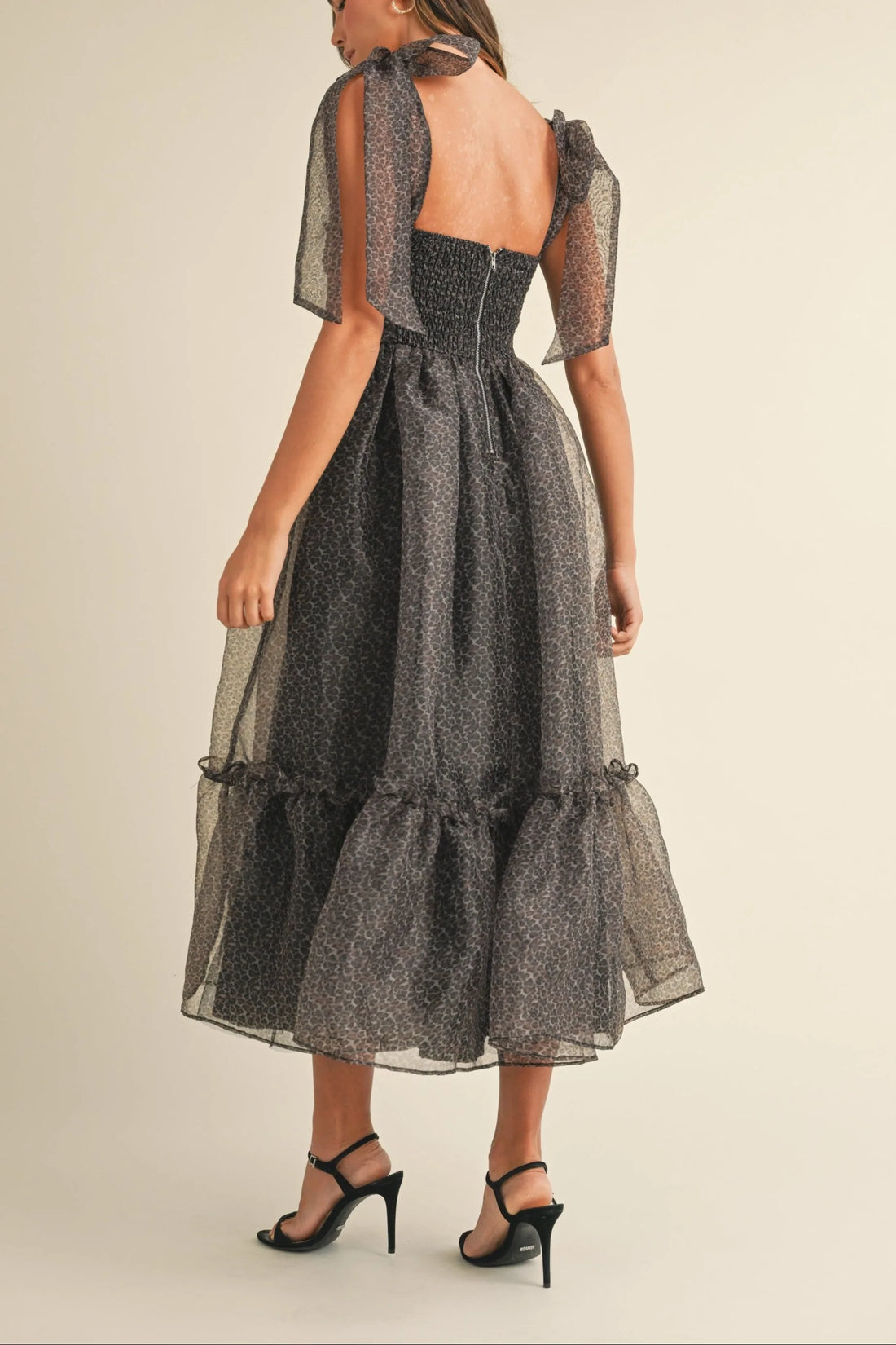 Leopard Print Tie Shoulder Organza Maxi Dress