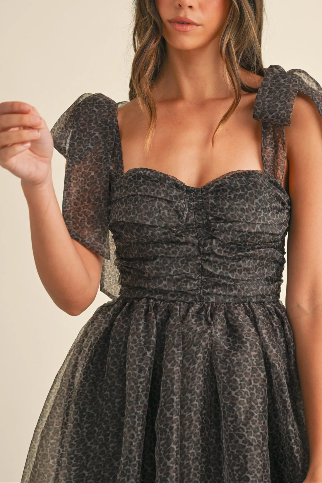 Leopard Print Tie Shoulder Organza Maxi Dress