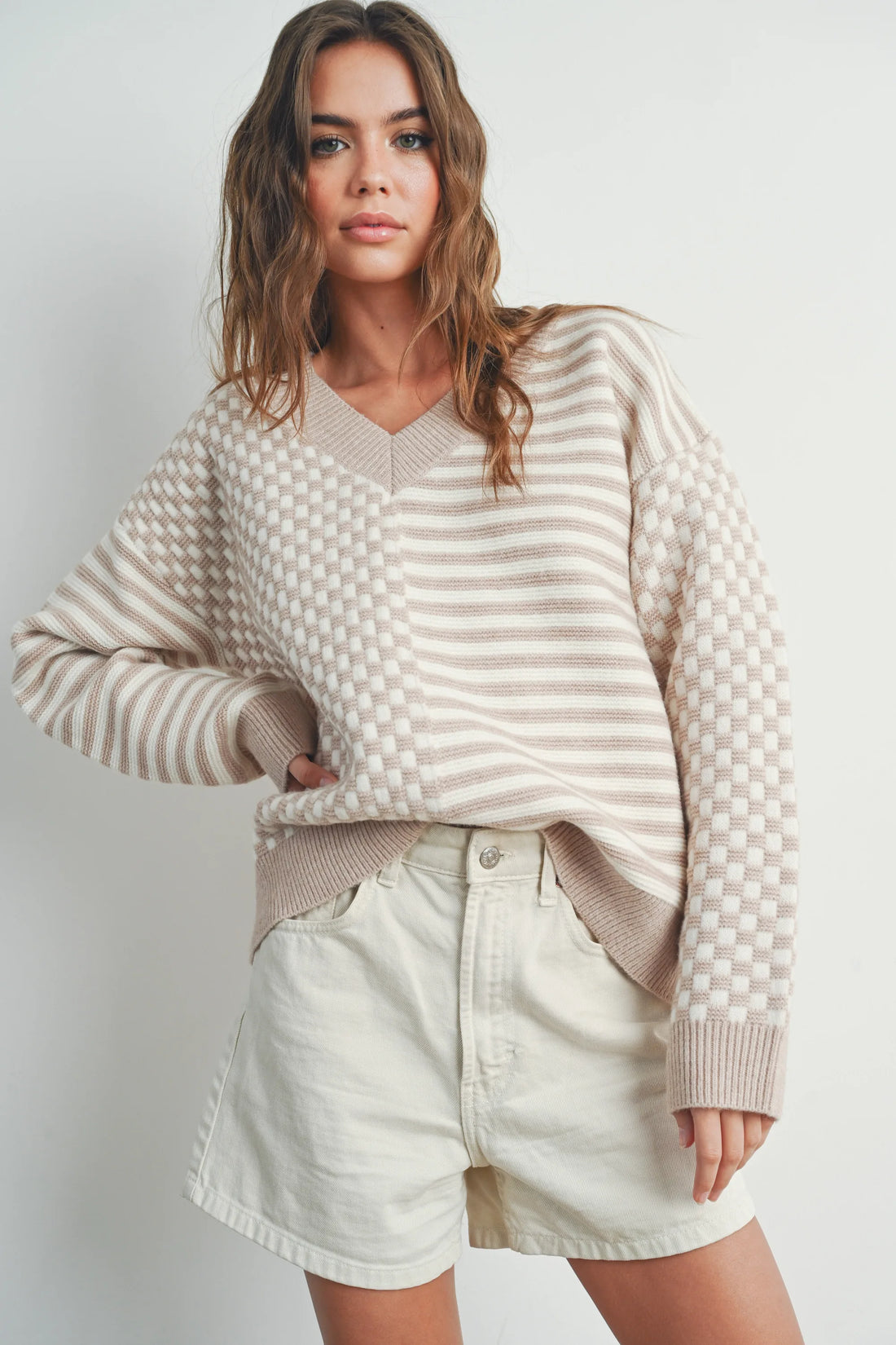 Checker V neck Cozy Sweater