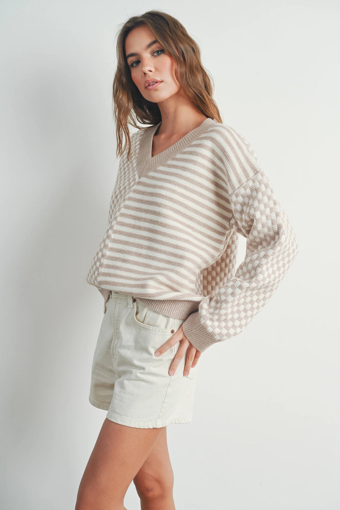 Checker V neck Cozy Sweater