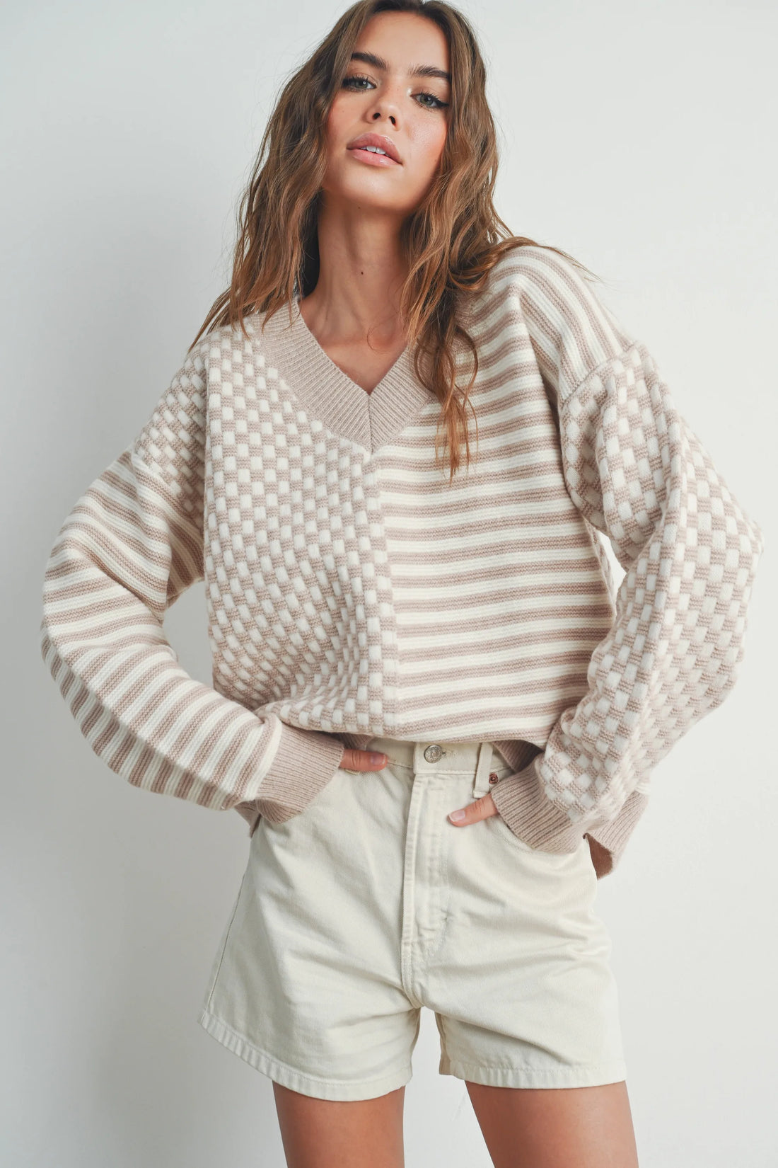 Checker V neck Cozy Sweater