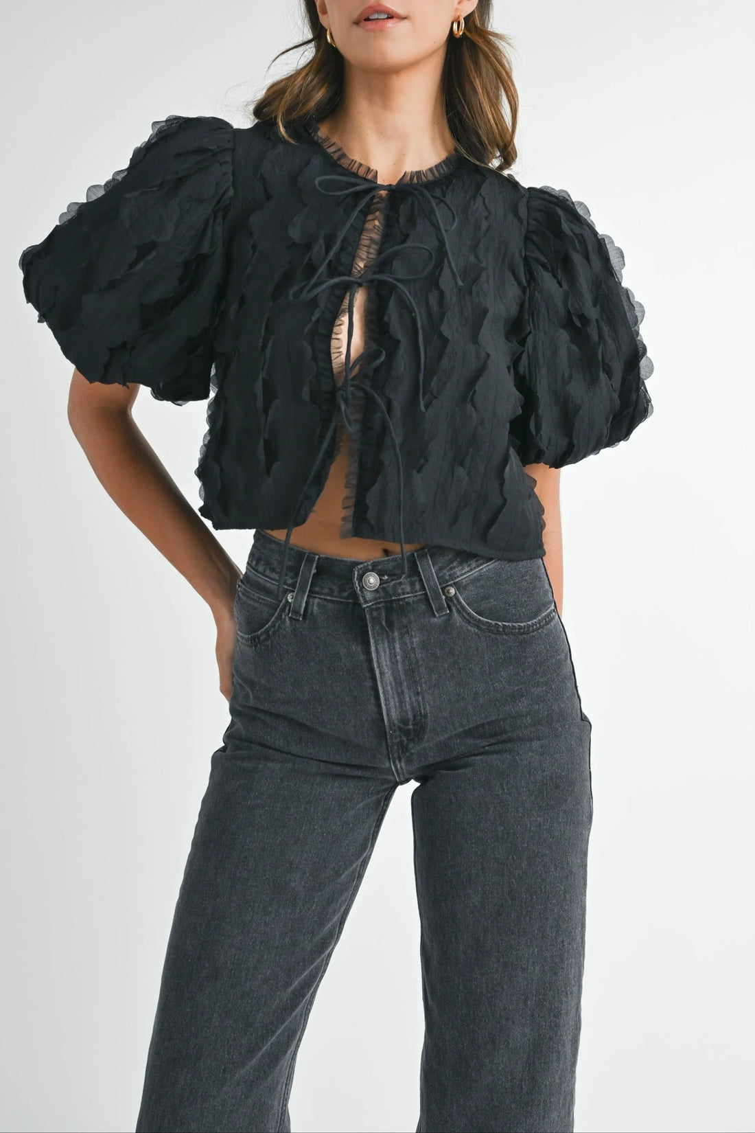Textured Scallop Puff Sleeve Blouse Top