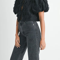 Textured Scallop Puff Sleeve Blouse Top