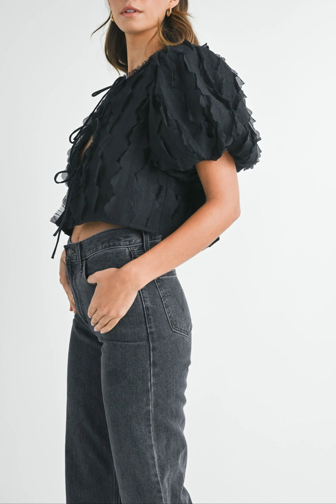 Textured Scallop Puff Sleeve Blouse Top