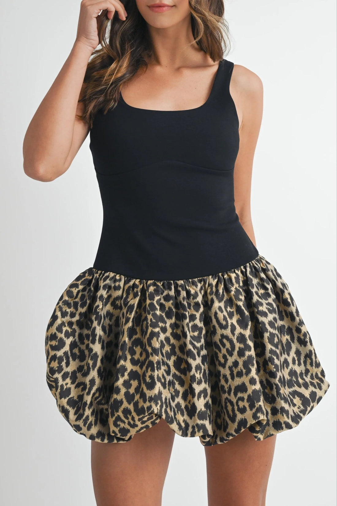 Leopard Scoop Neck Balloon Mini Dress