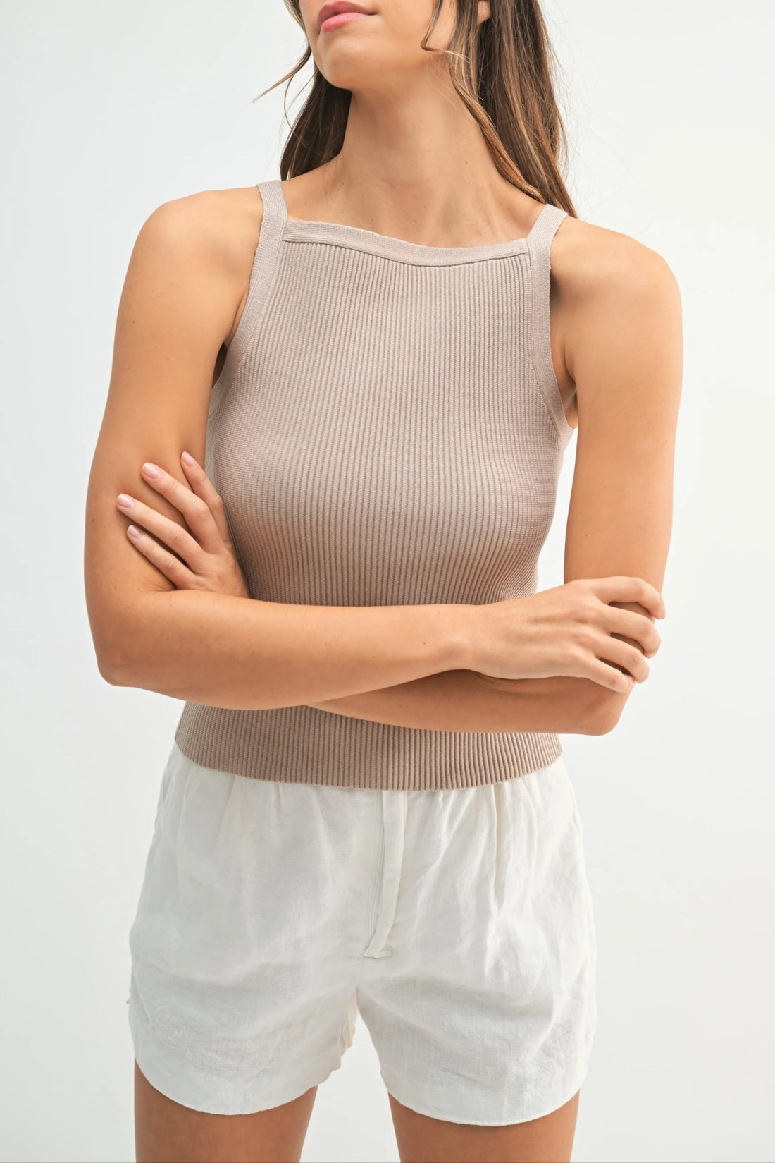 Ribbed Knit High Neck Sleeveless Top