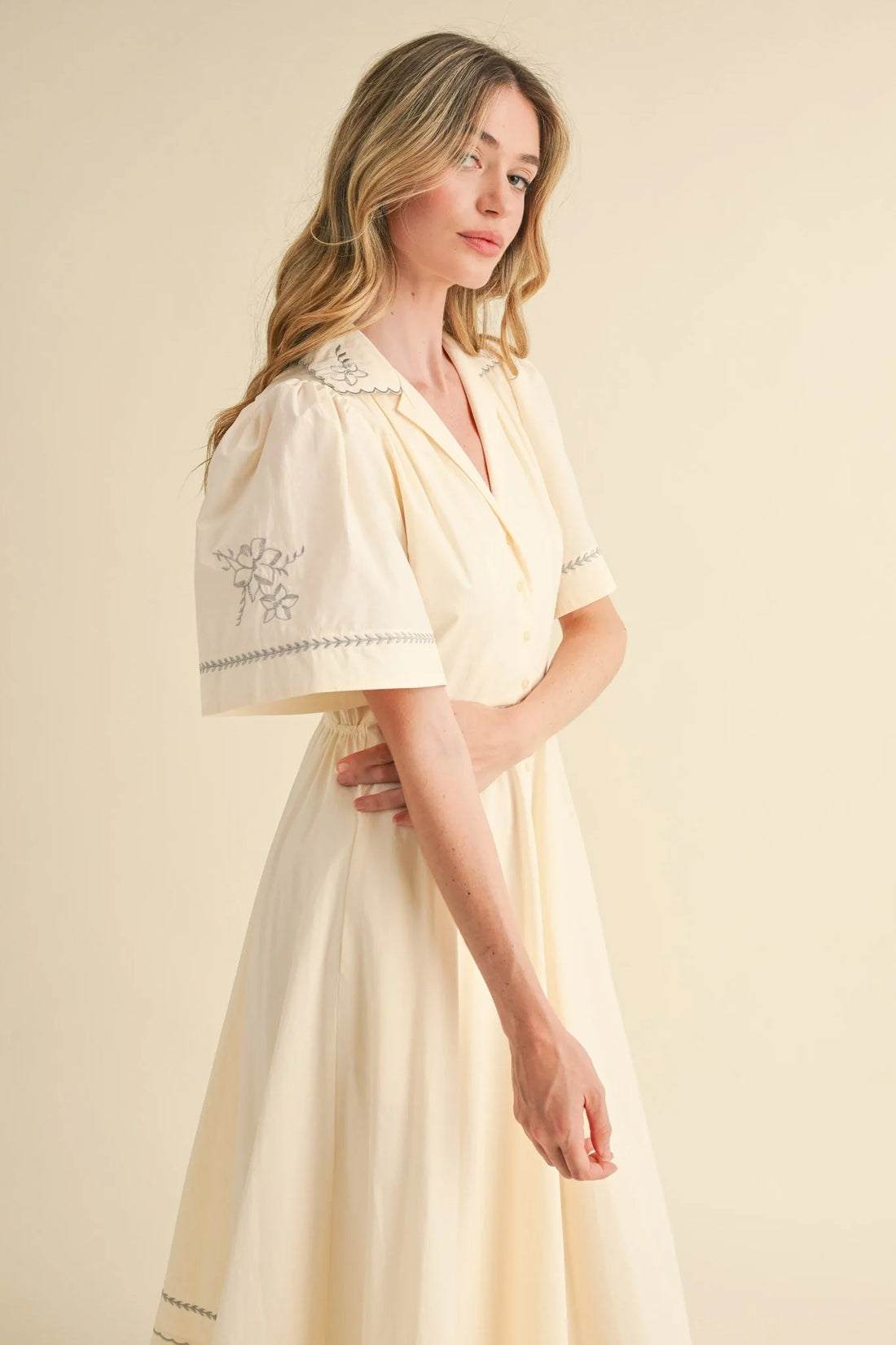 Embroidered Floral Button-Down Maxi Dress – Elegant Boho Style