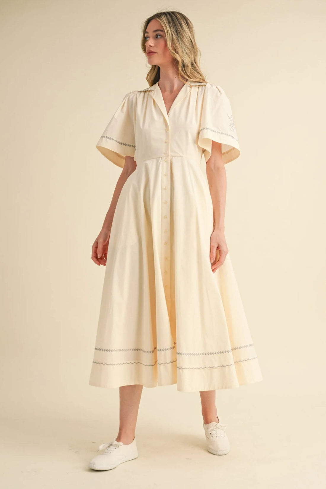 Embroidery Floral Button Down Maxi Dress